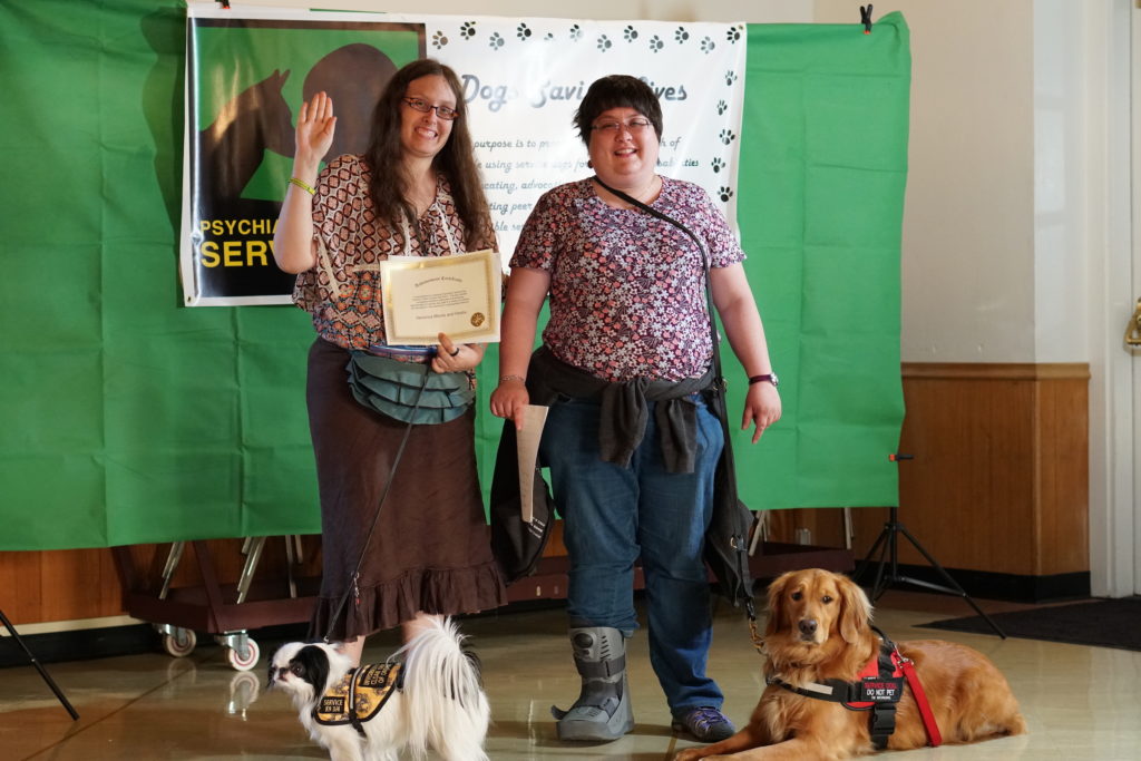 The pictures shows me, a woman with long curly brown hair, a brown skirt and a 70s shirt with a small black and white service dog wearing a Hufflepuff vest. The tester, Allison, is next to me. She is a shorter woman with short dark hair and a pretty floral shirt. Oh yeah, and she has a beautiful service dog who is a Golden Retriever.