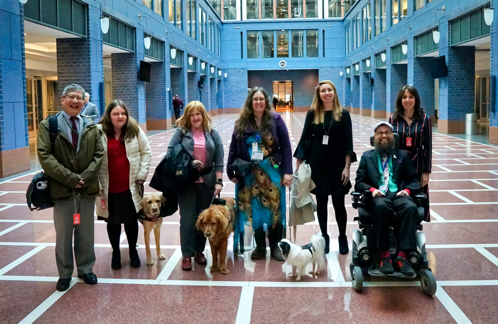 Several of the advocates who were at the DOT meeting. There are two guide dogs and Hestia in the picture.