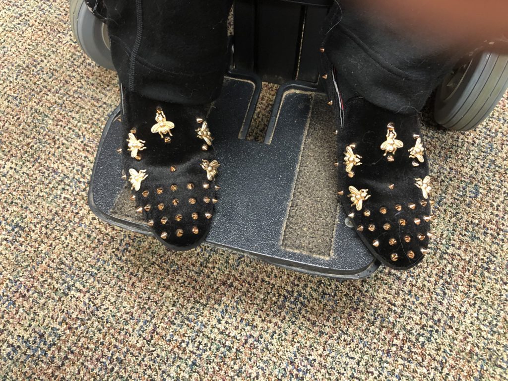 The bee shoes are velvety in texture!